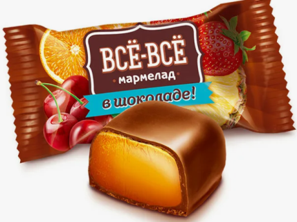 Мармелад желейный в молочном шоколаде «Всё-всё» со вкусом апельсина, вишни и клубники